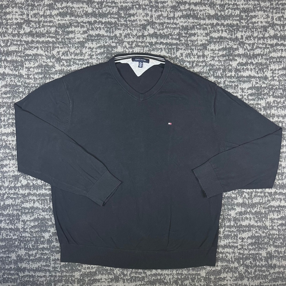 Tommy Hilfiger V-Neck Sweater Mens XXL Black Cotton Preppy Logo Pullover - Picture 1 of 7